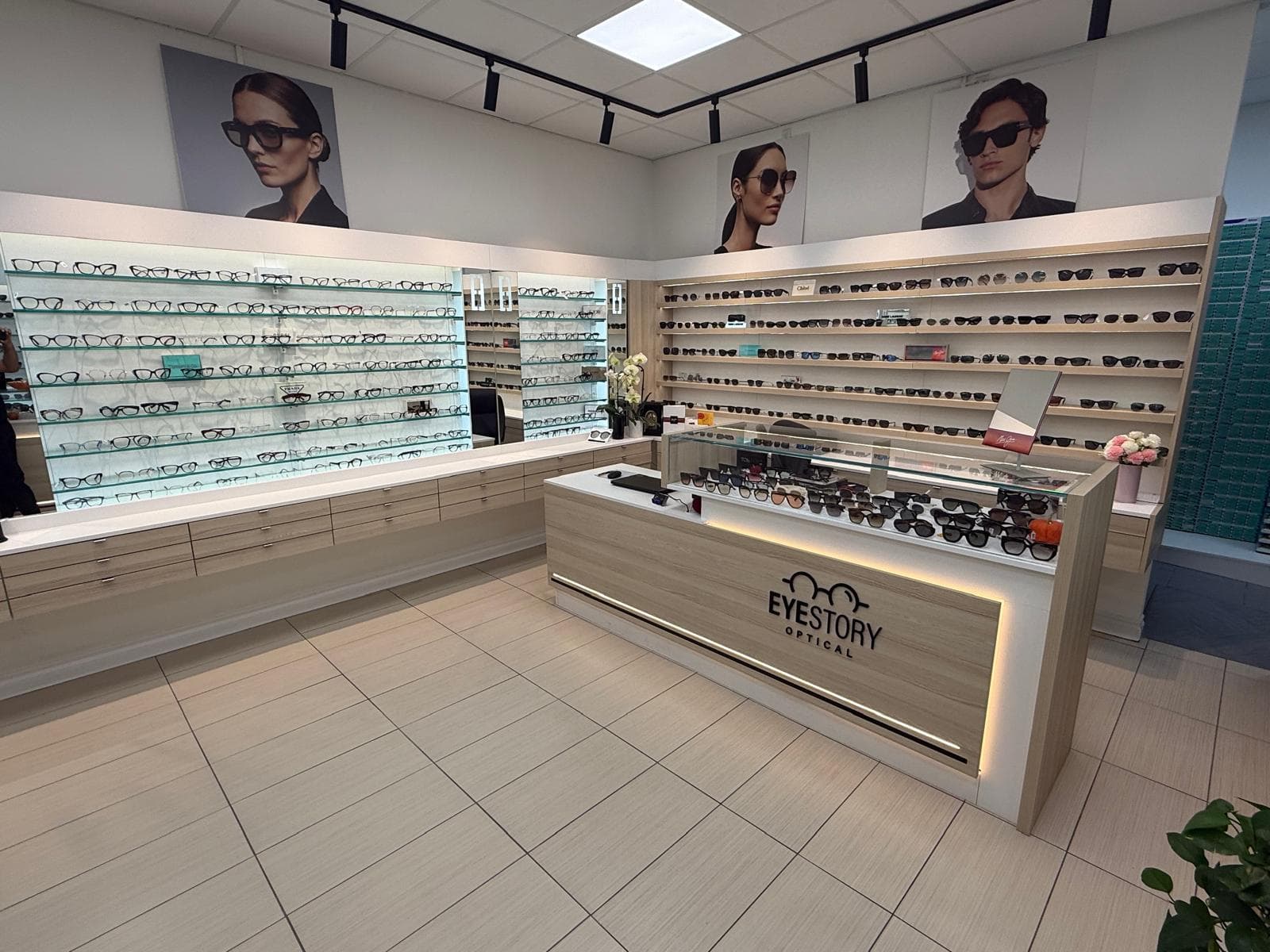 Eyeglass displays and reception counter inside Eye Story Optical